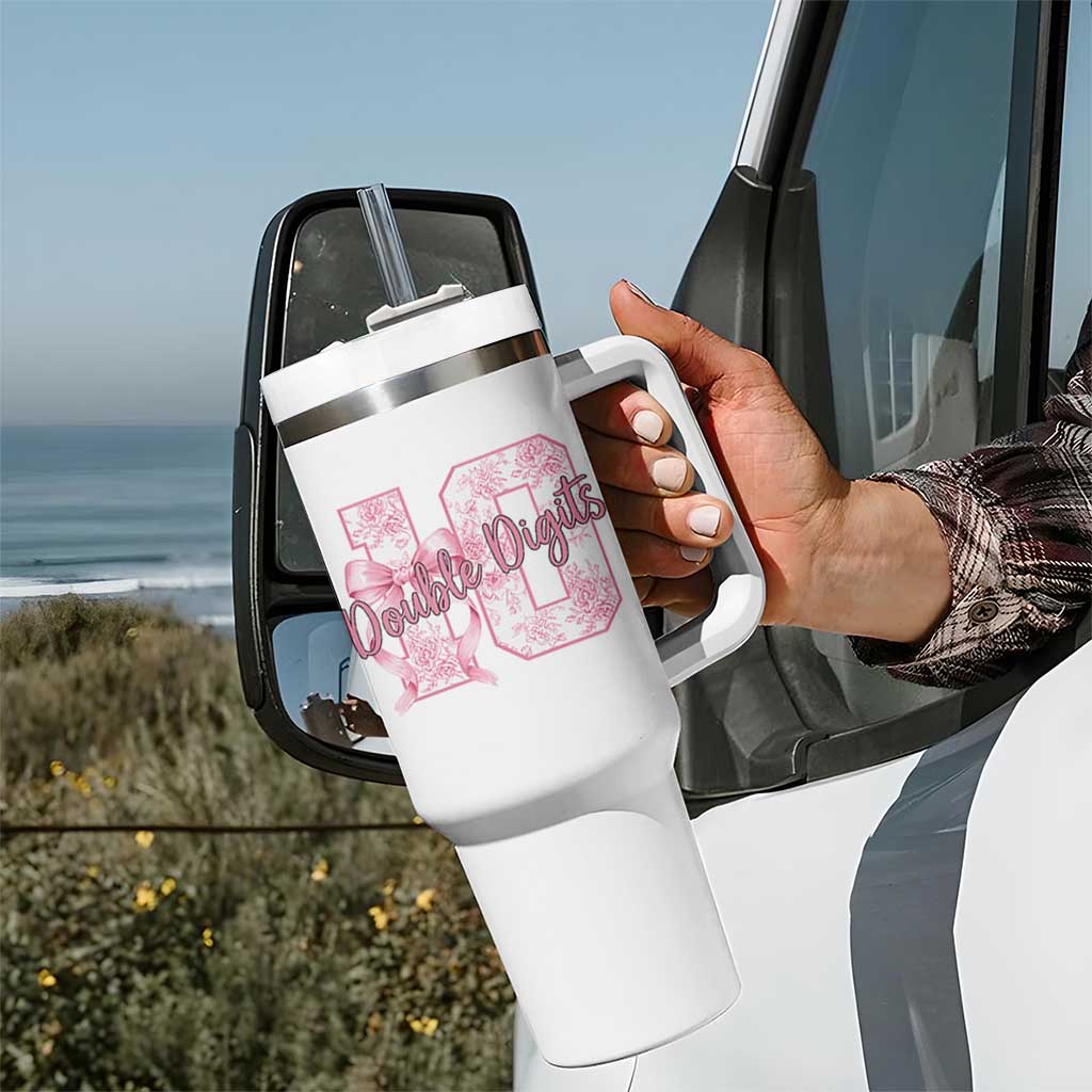 10th Birthday Tumbler With Handle Double Digits Pink Coquette Bow 10 Year Old Aesthetic