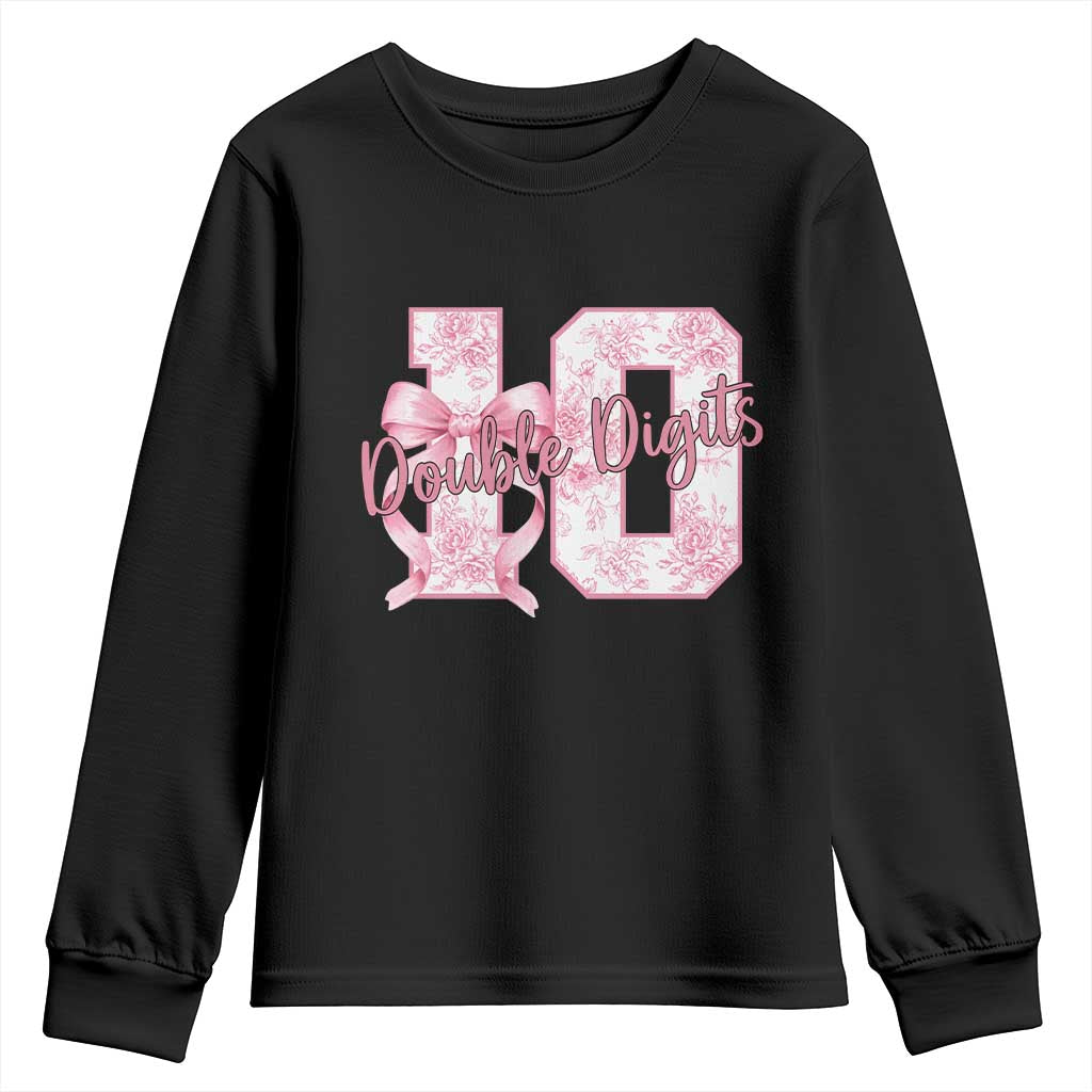 10th Birthday Youth Sweatshirt Double Digits Pink Coquette Bow 10 Year Old Aesthetic