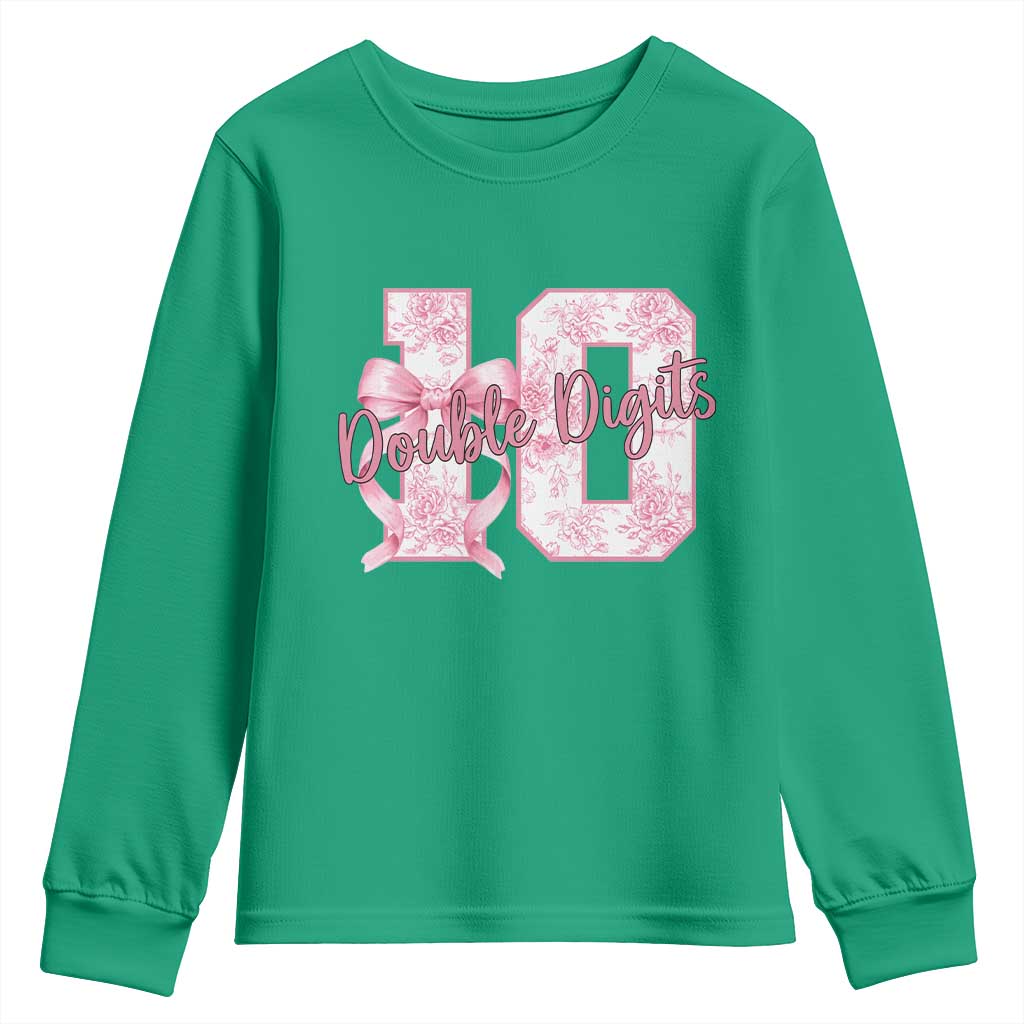 10th Birthday Youth Sweatshirt Double Digits Pink Coquette Bow 10 Year Old Aesthetic