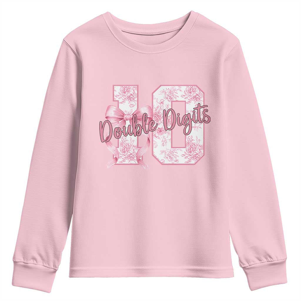 10th Birthday Youth Sweatshirt Double Digits Pink Coquette Bow 10 Year Old Aesthetic