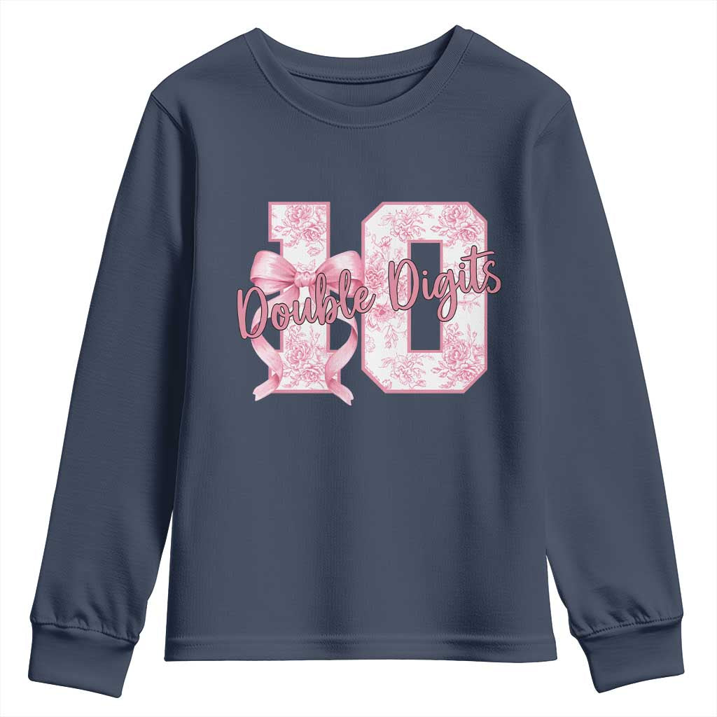 10th Birthday Youth Sweatshirt Double Digits Pink Coquette Bow 10 Year Old Aesthetic