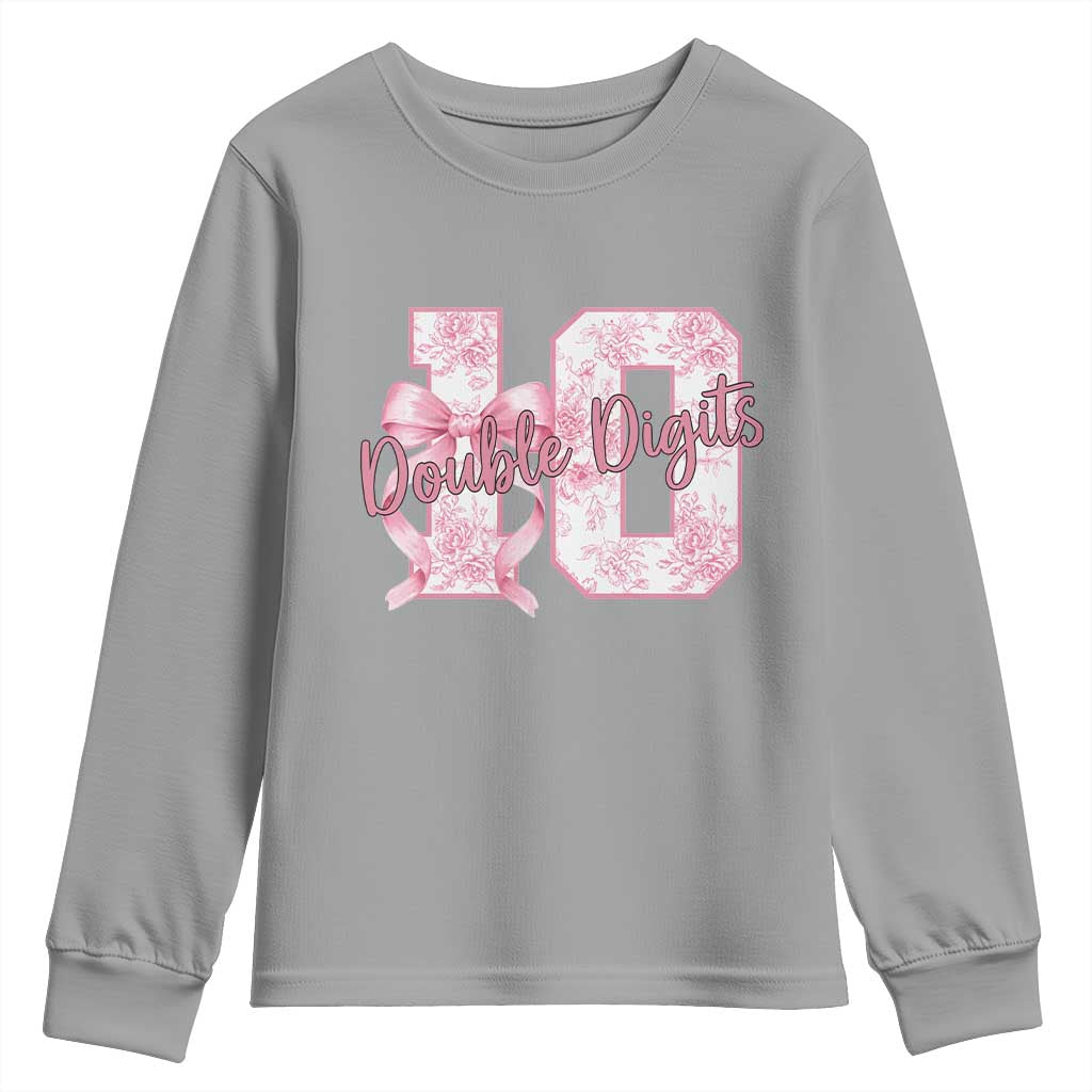 10th Birthday Youth Sweatshirt Double Digits Pink Coquette Bow 10 Year Old Aesthetic