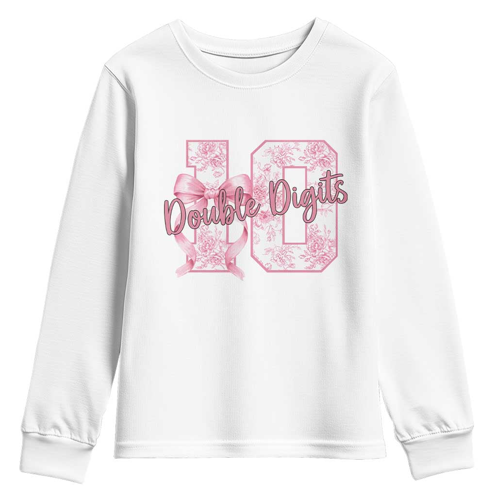 10th Birthday Youth Sweatshirt Double Digits Pink Coquette Bow 10 Year Old Aesthetic