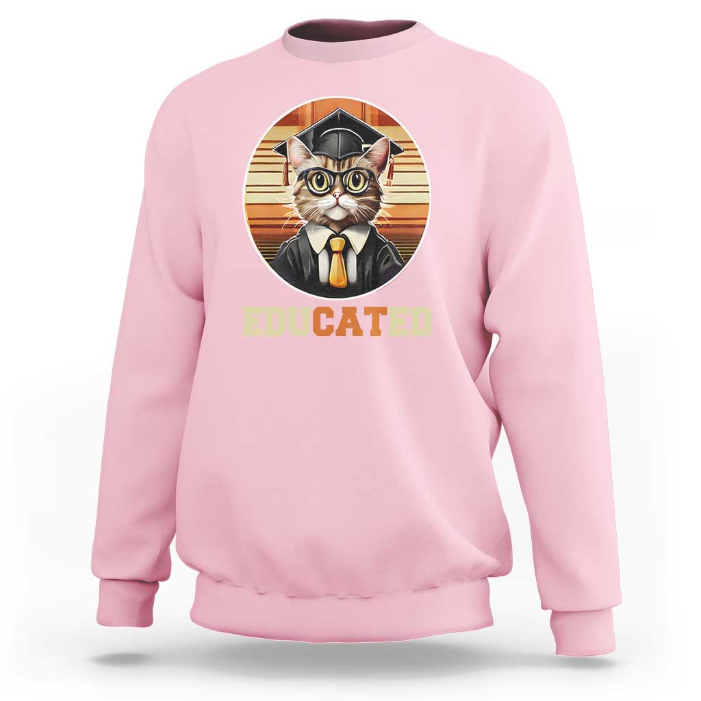 Funny Cat Sweatshirt Educated Graduation Academic Regalia Cap Gown - Wonder Print Shop
