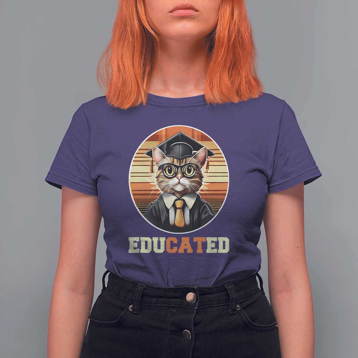 Funny Cat T Shirt For Women Educated Graduation Academic Regalia Cap Gown - Wonder Print Shop