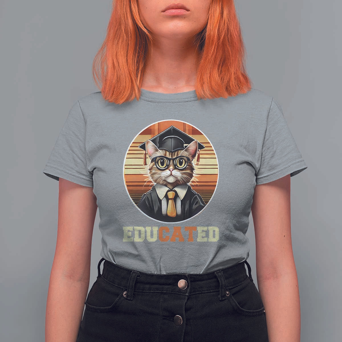 Funny Cat T Shirt For Women Educated Graduation Academic Regalia Cap Gown - Wonder Print Shop