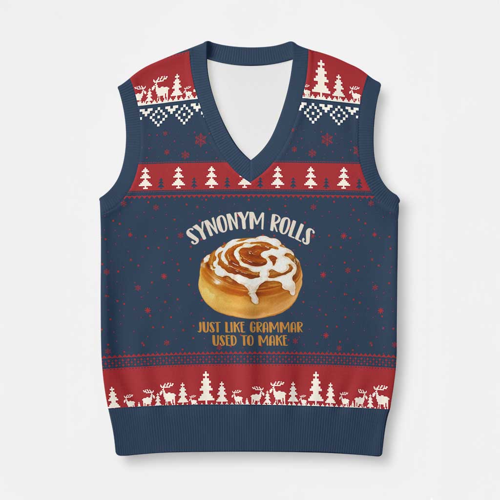 Funny Synonym Rolls Just Like Grammar Used To Make V-Neck Knit Sweater Vest Cinnamon Rolls Grammar Pun