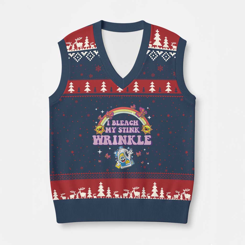 Funny I Bleach My Stink Wrinkle V-Neck Knit Sweater Vest Gag Adult Humor Rainbow Bleach Bottle - Wonder Print Shop
