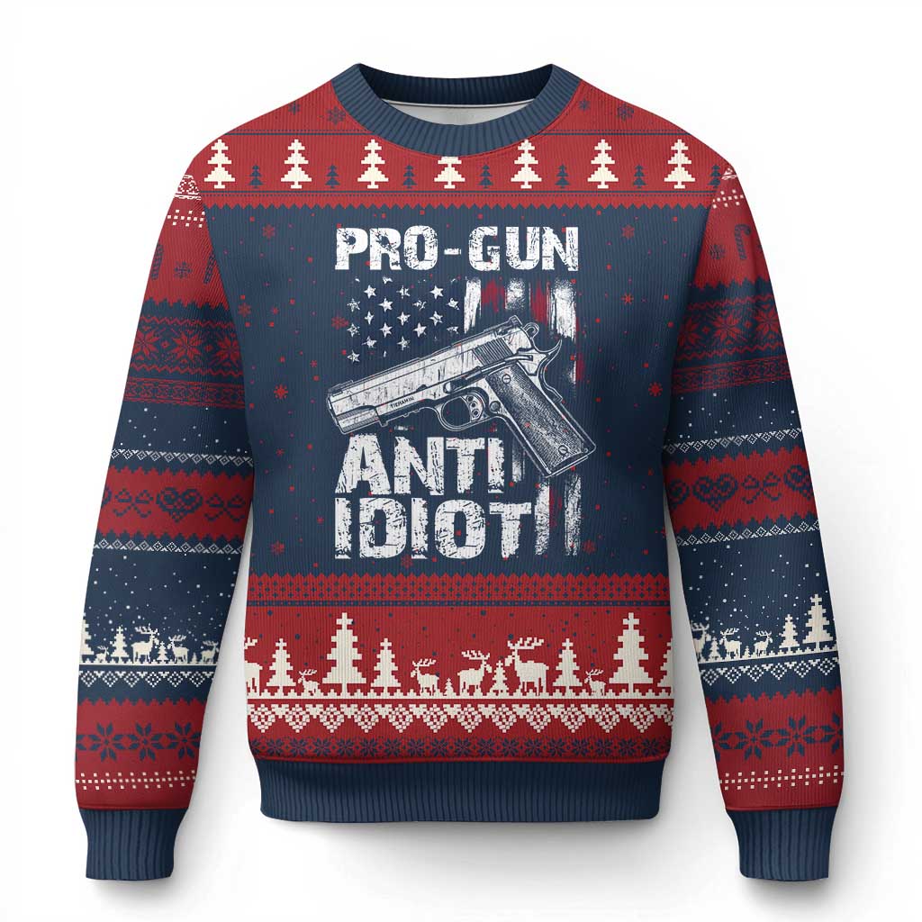 Pro Gun Anti Idiot Ugly Christmas Sweater Vintage American Flag 2nd Amendment - Wonder Print Shop