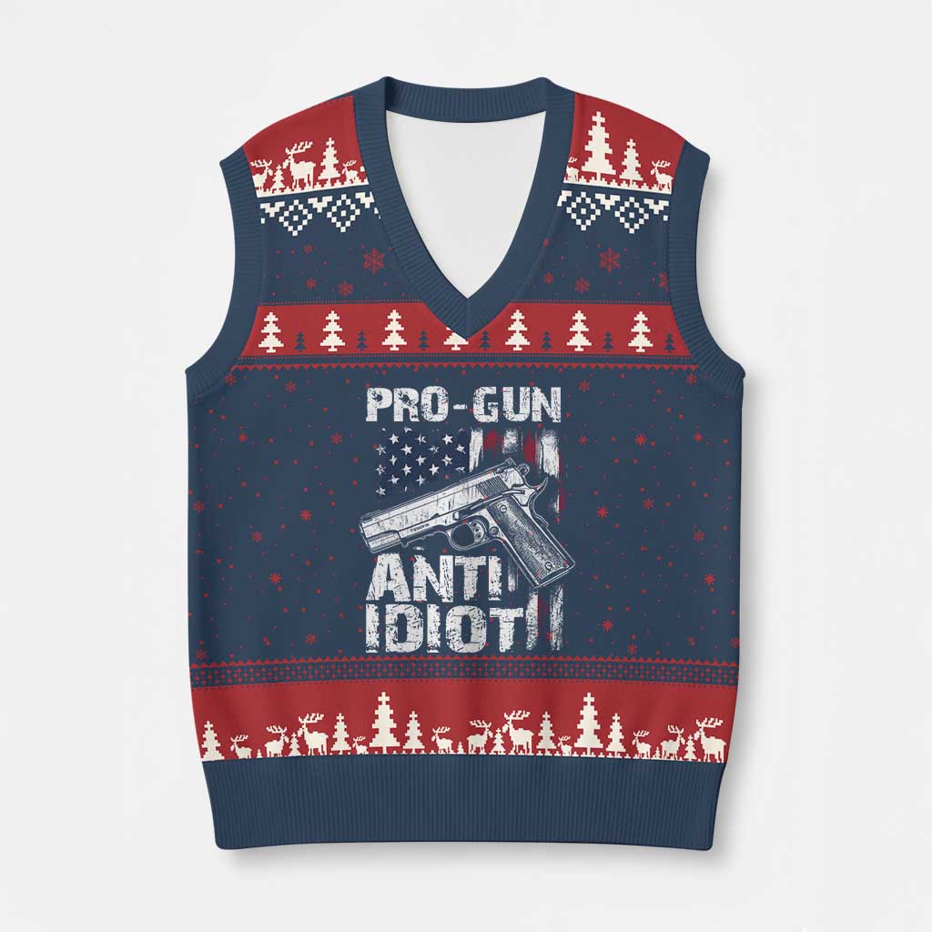 Pro Gun Anti Idiot V-Neck Knit Sweater Vest Vintage American Flag 2nd Amendment - Wonder Print Shop