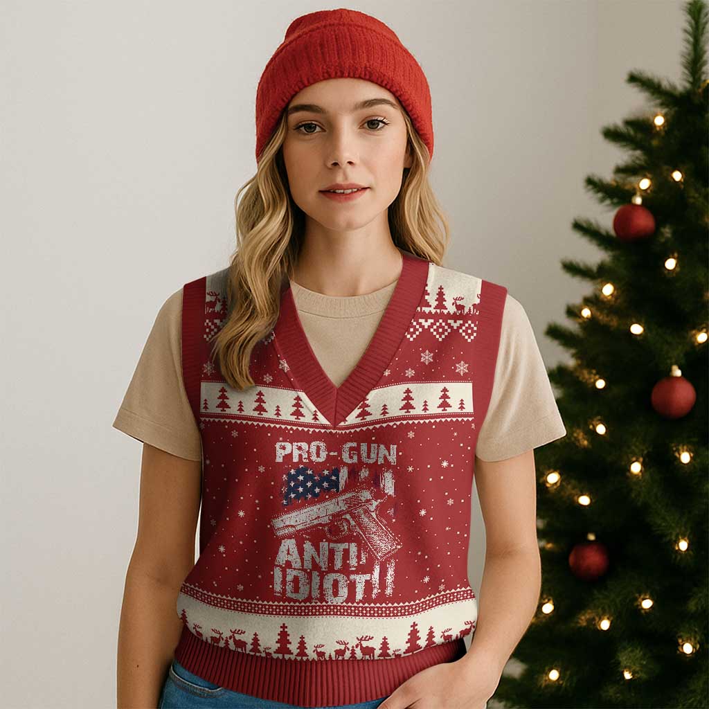 Pro Gun Anti Idiot V-Neck Knit Sweater Vest Vintage American Flag 2nd Amendment - Wonder Print Shop