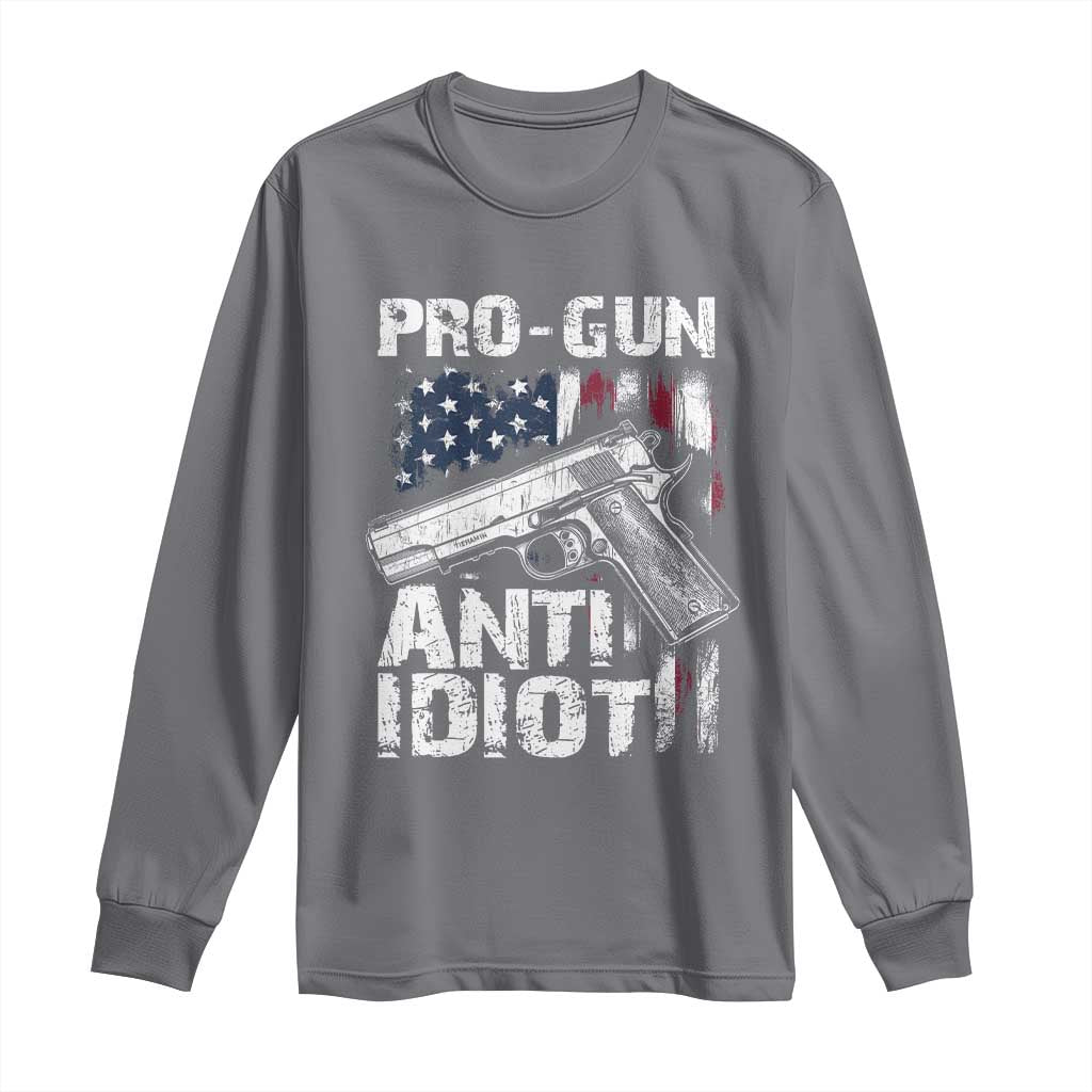Pro Gun Anti Idiot Long Sleeve Shirt Vintage American Flag 2nd Amendment - Wonder Print Shop