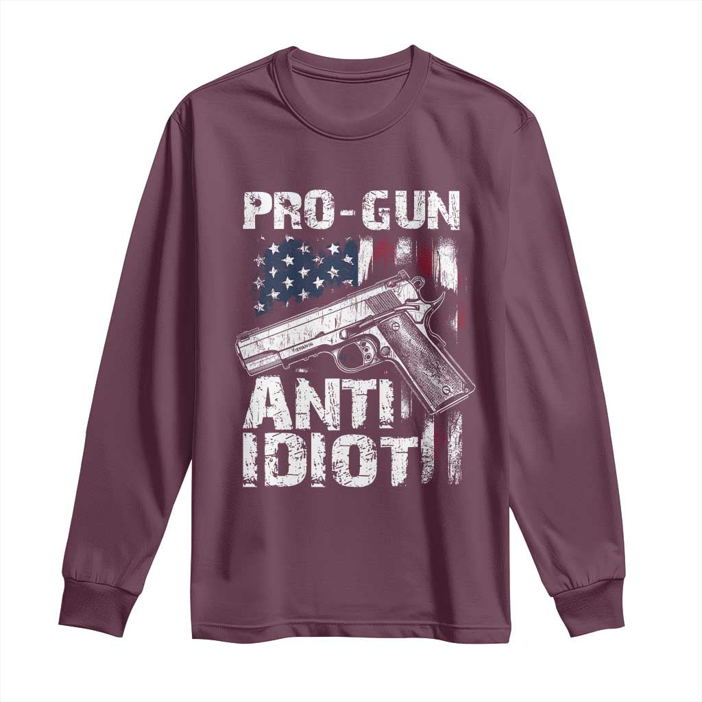 Pro Gun Anti Idiot Long Sleeve Shirt Vintage American Flag 2nd Amendment - Wonder Print Shop