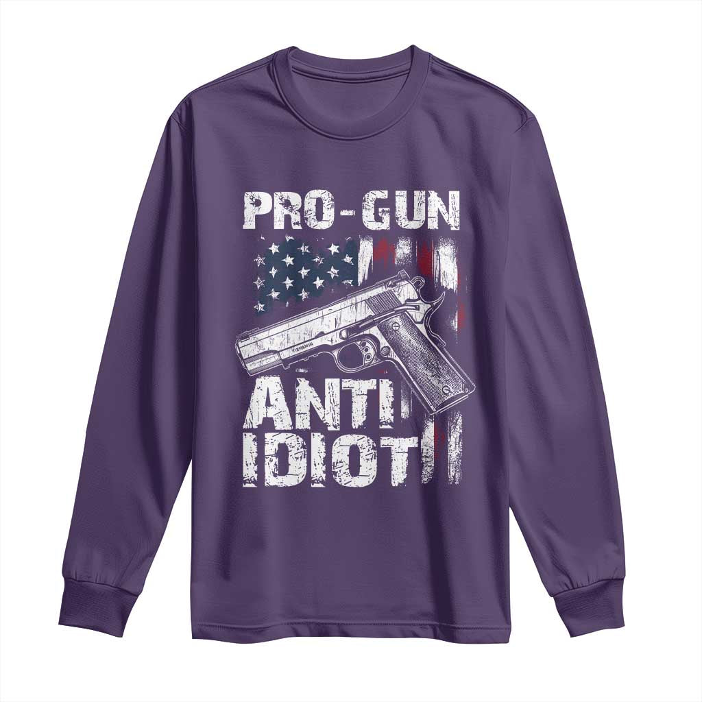 Pro Gun Anti Idiot Long Sleeve Shirt Vintage American Flag 2nd Amendment - Wonder Print Shop