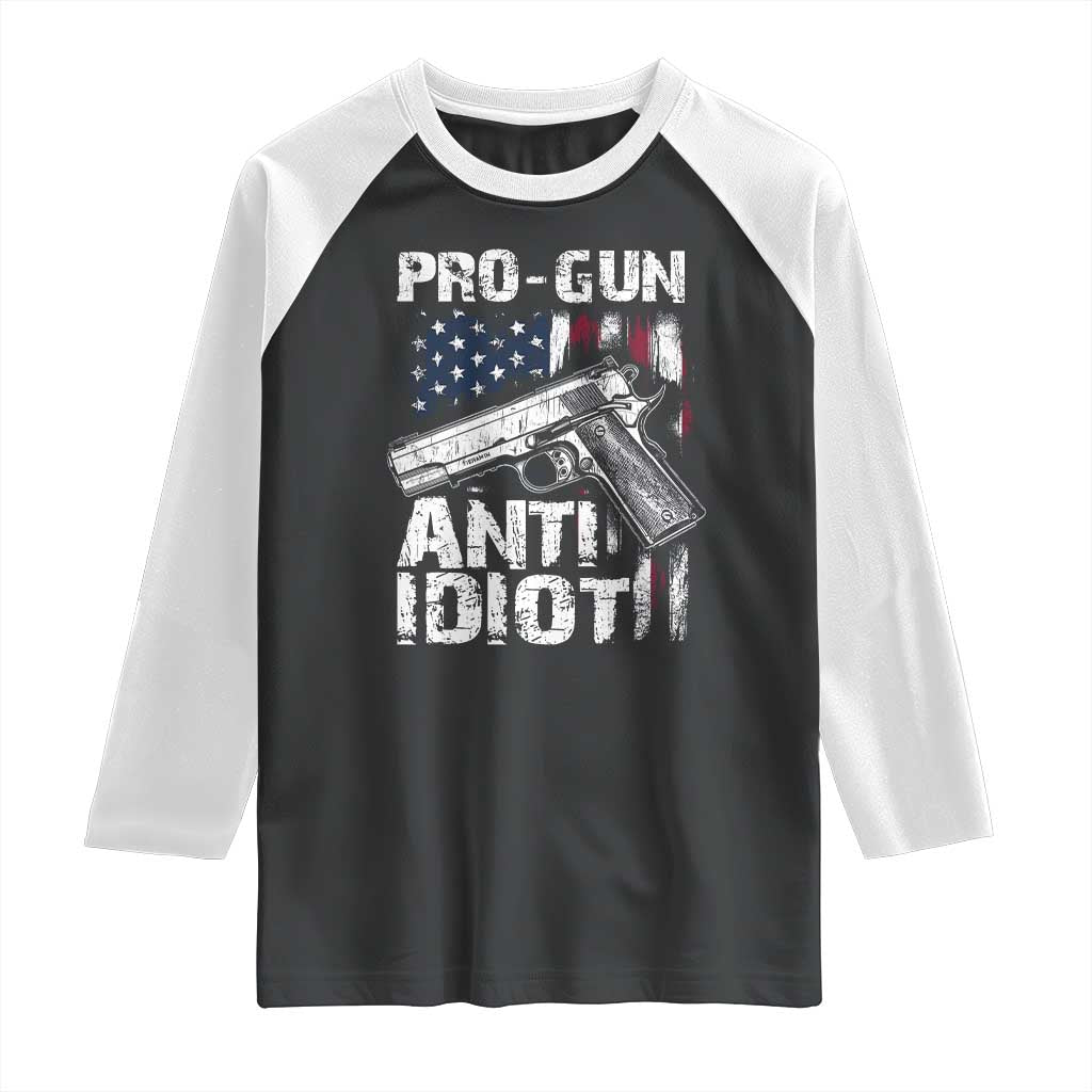 Pro Gun Anti Idiot Raglan Shirt Vintage American Flag 2nd Amendment - Wonder Print Shop