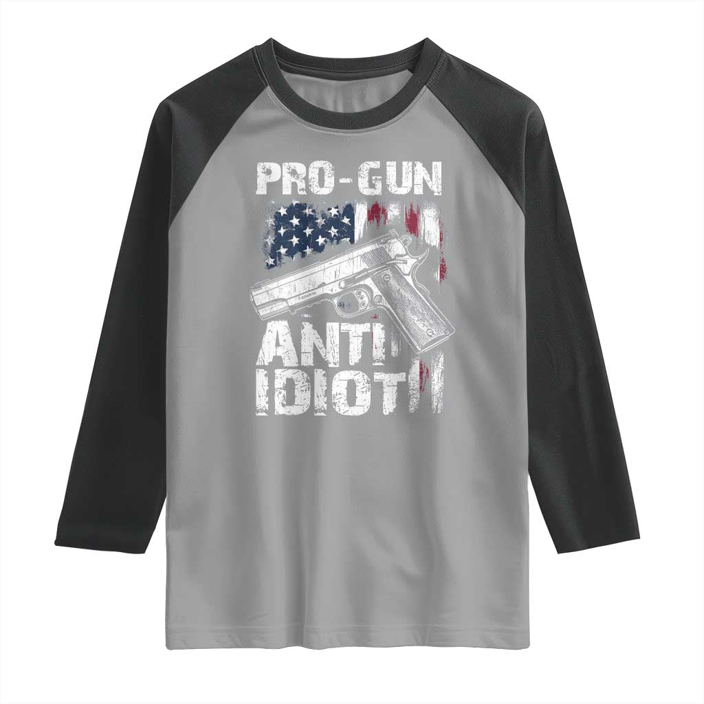 Pro Gun Anti Idiot Raglan Shirt Vintage American Flag 2nd Amendment - Wonder Print Shop