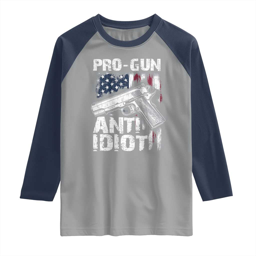 Pro Gun Anti Idiot Raglan Shirt Vintage American Flag 2nd Amendment - Wonder Print Shop