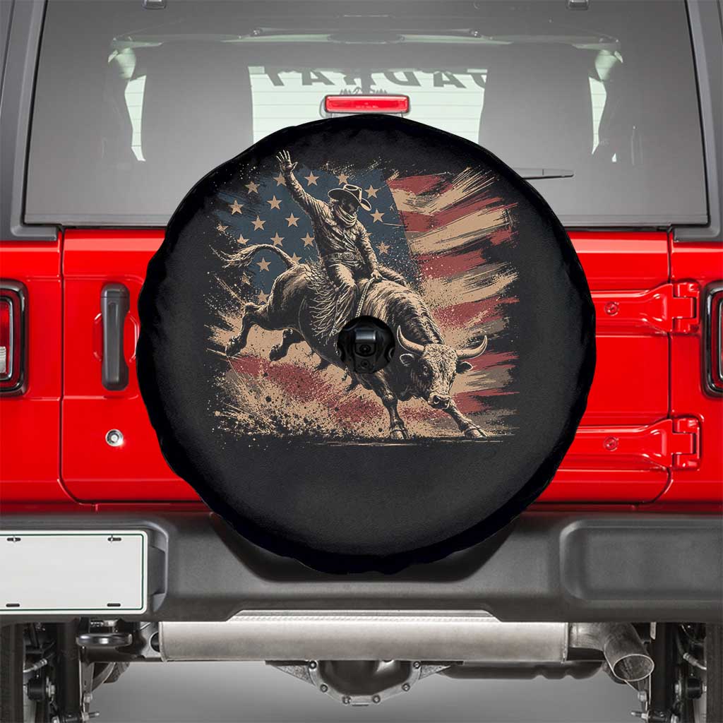 Patiotic Bull Rider Vintage Bull Riding Cowboy American Flag Spare Tire Cover