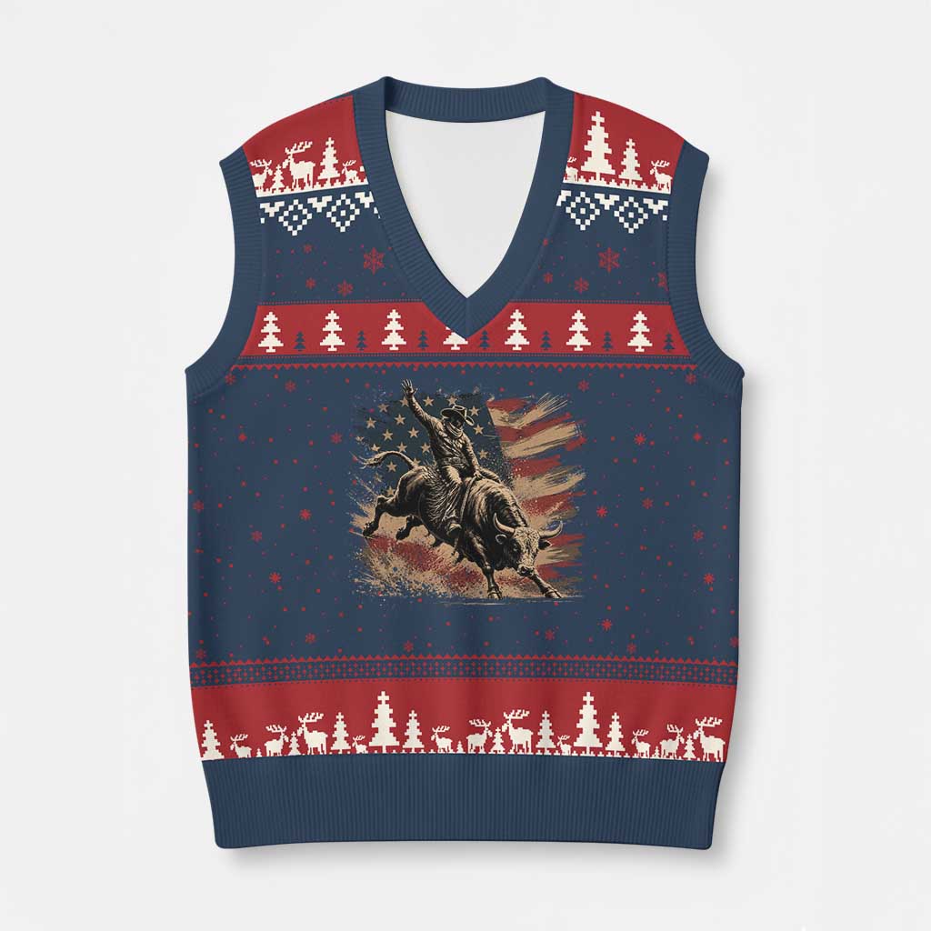 Patiotic Bull Rider Vintage Bull Riding Cowboy American Flag V-Neck Knit Sweater Vest