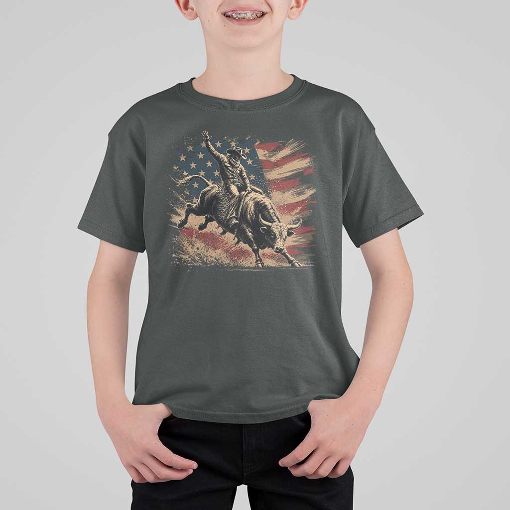 Patiotic Bull Rider Vintage Bull Riding Cowboy American Flag T Shirt For Kid