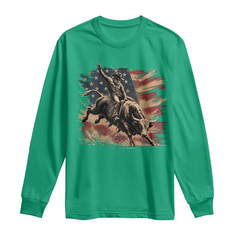 Patiotic Bull Rider Vintage Bull Riding Cowboy American Flag Long Sleeve Shirt