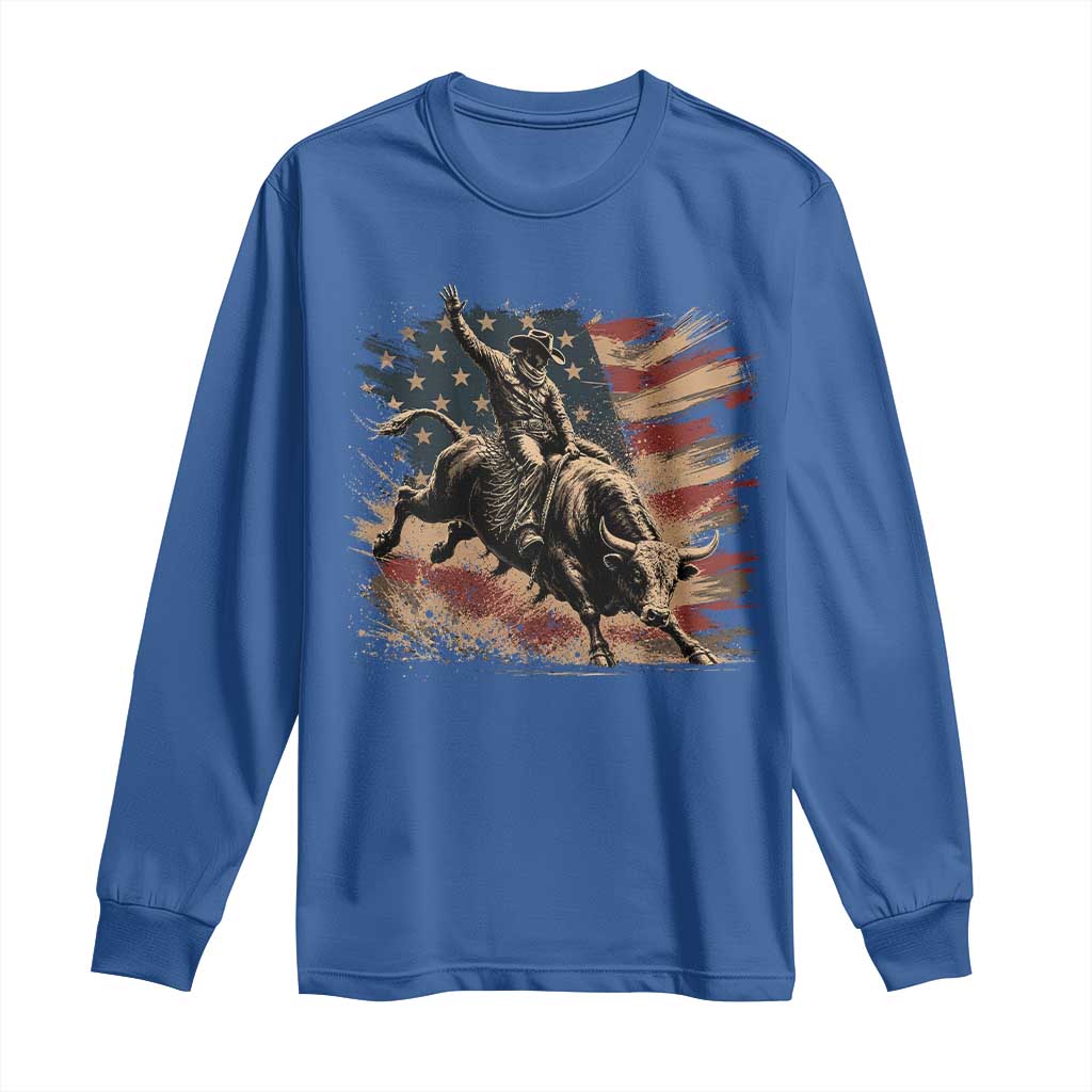 Patiotic Bull Rider Vintage Bull Riding Cowboy American Flag Long Sleeve Shirt