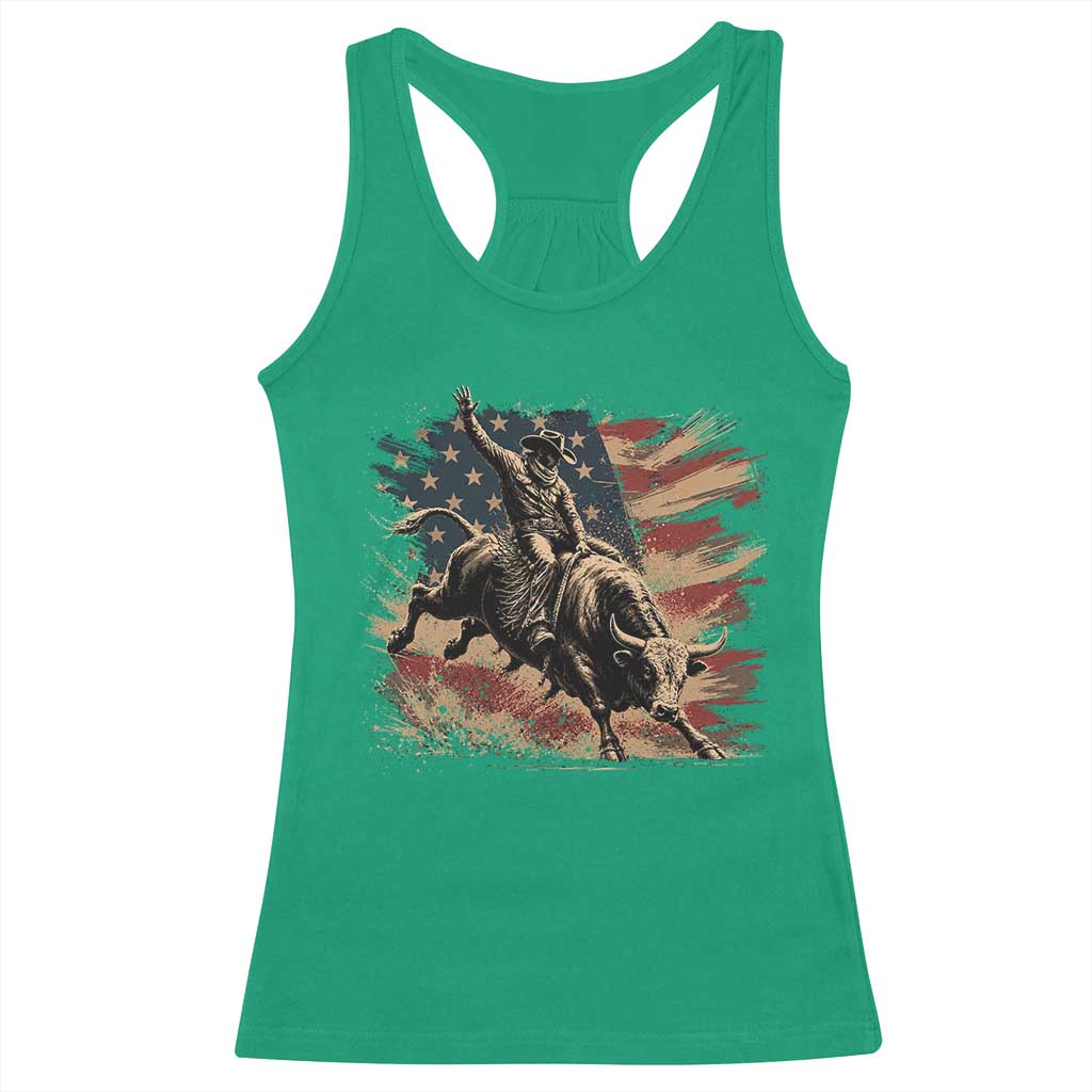 Patiotic Bull Rider Vintage Bull Riding Cowboy American Flag Racerback Tank Top
