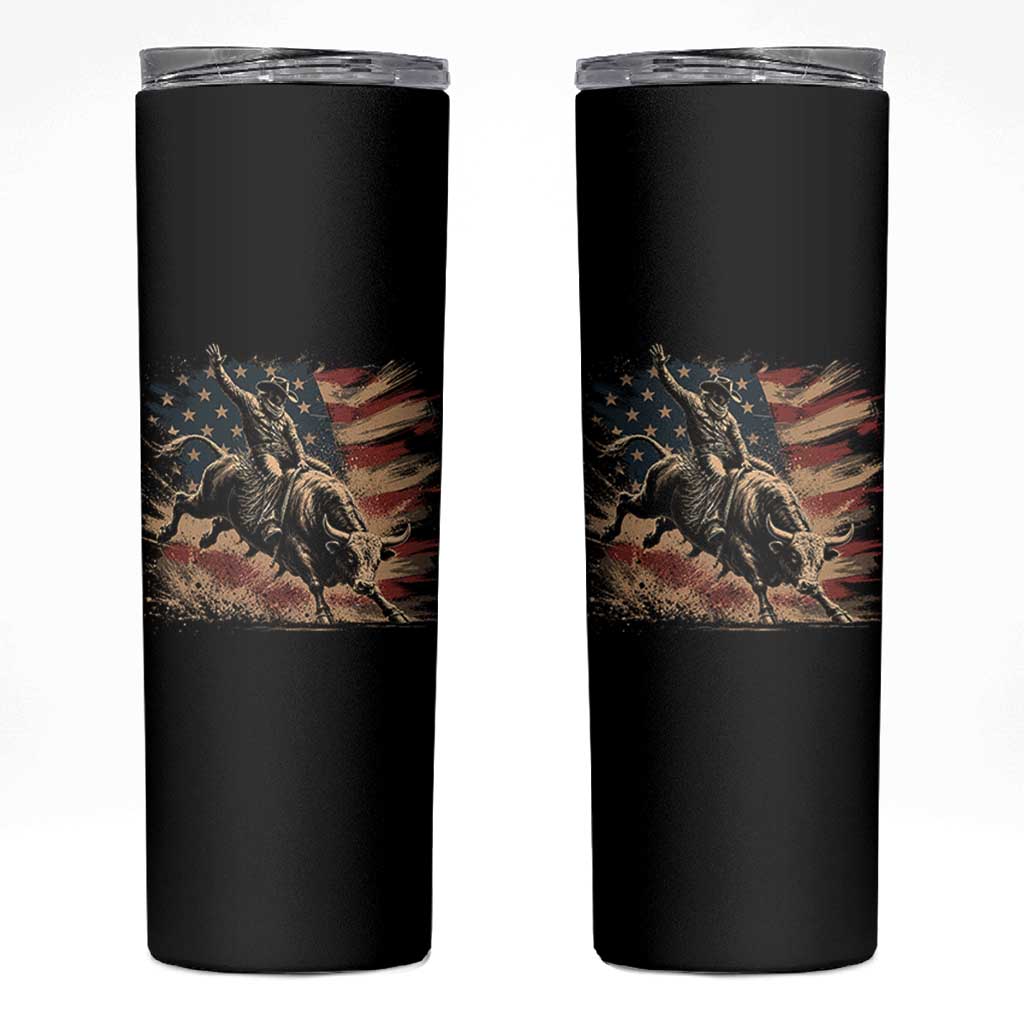 Patiotic Bull Rider Vintage Bull Riding Cowboy American Flag Skinny Tumbler