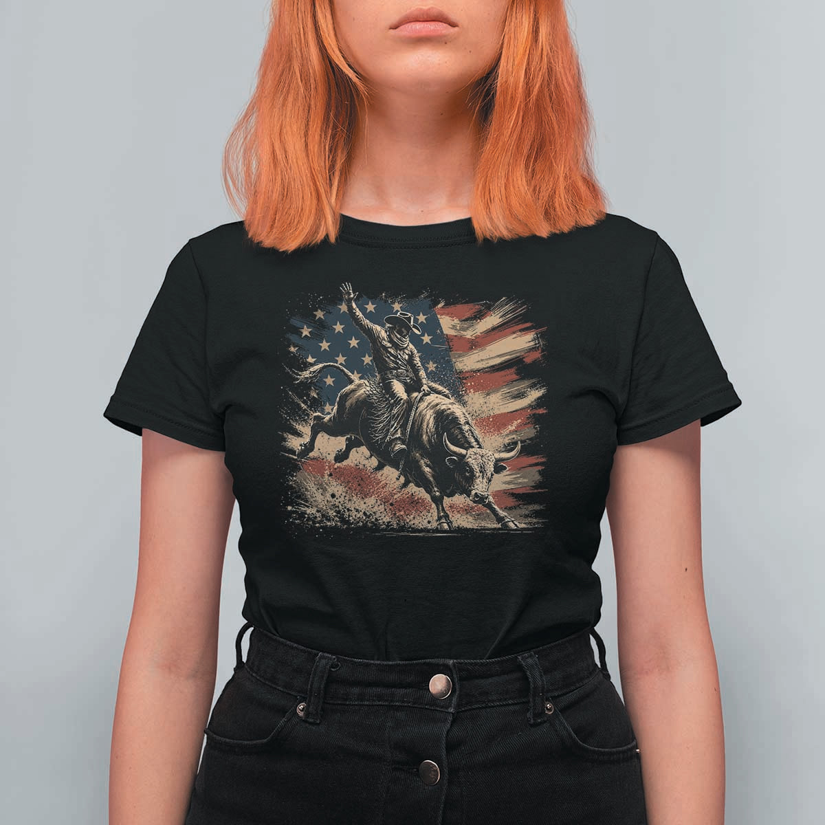 Patiotic Bull Rider Vintage Bull Riding Cowboy American Flag T Shirt For Women
