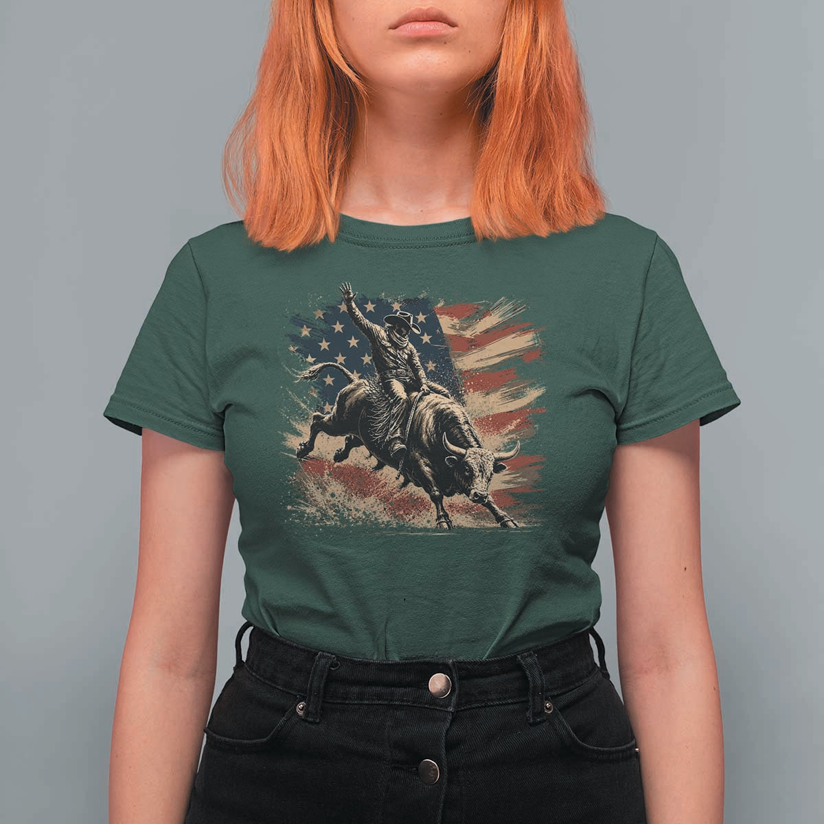 Patiotic Bull Rider Vintage Bull Riding Cowboy American Flag T Shirt For Women