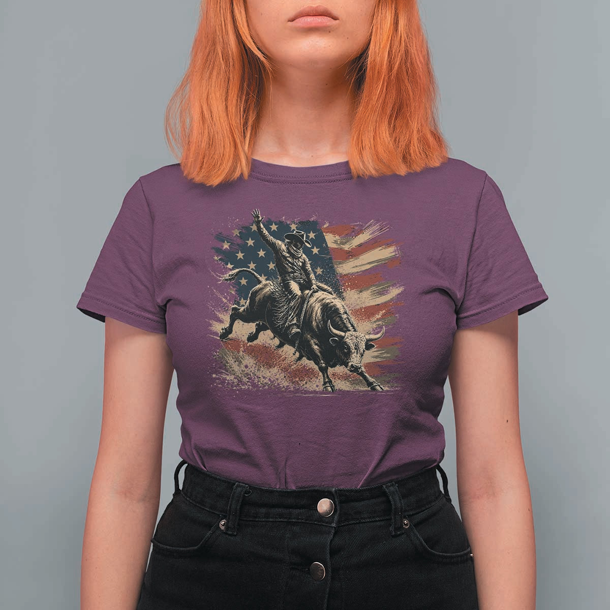 Patiotic Bull Rider Vintage Bull Riding Cowboy American Flag T Shirt For Women