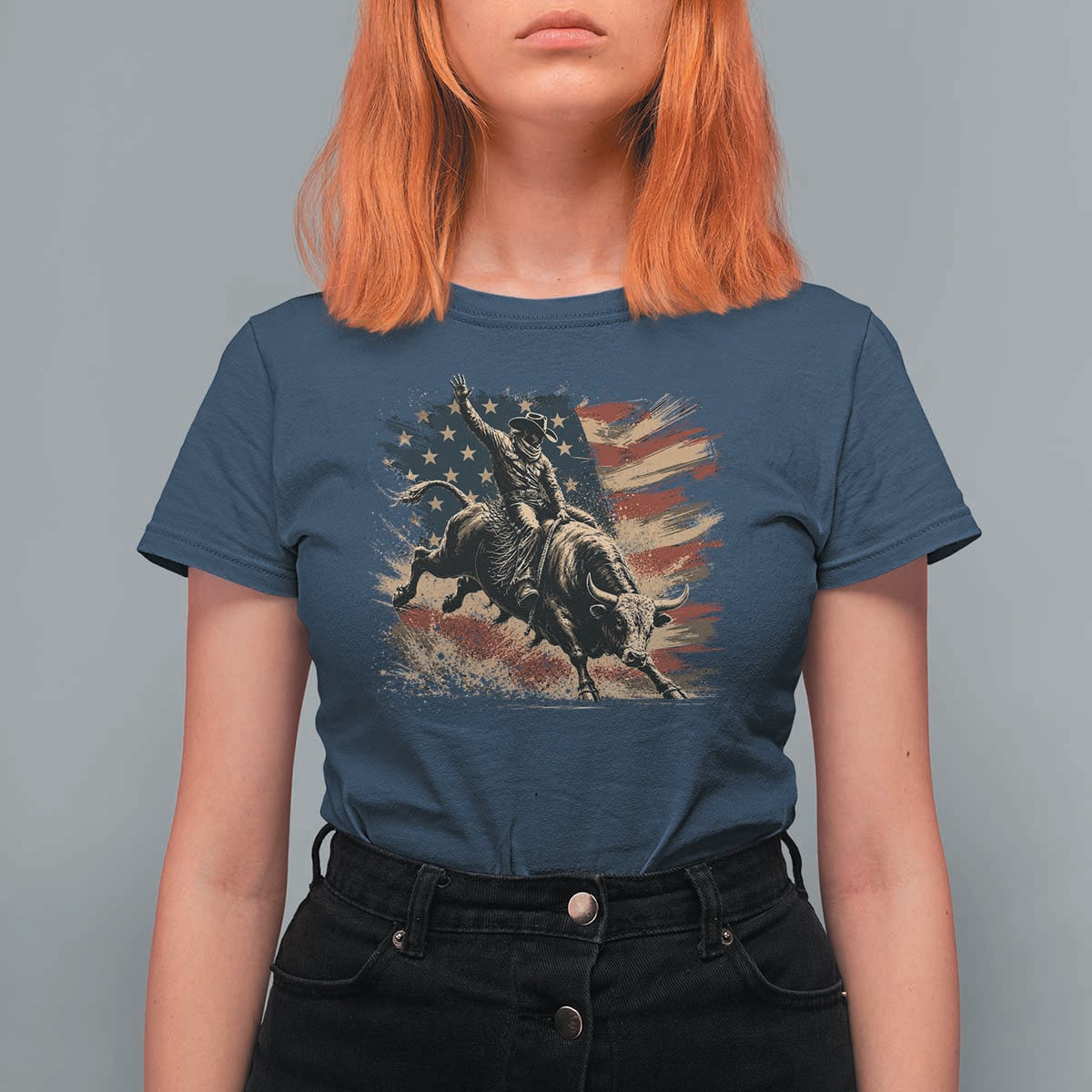 Patiotic Bull Rider Vintage Bull Riding Cowboy American Flag T Shirt For Women