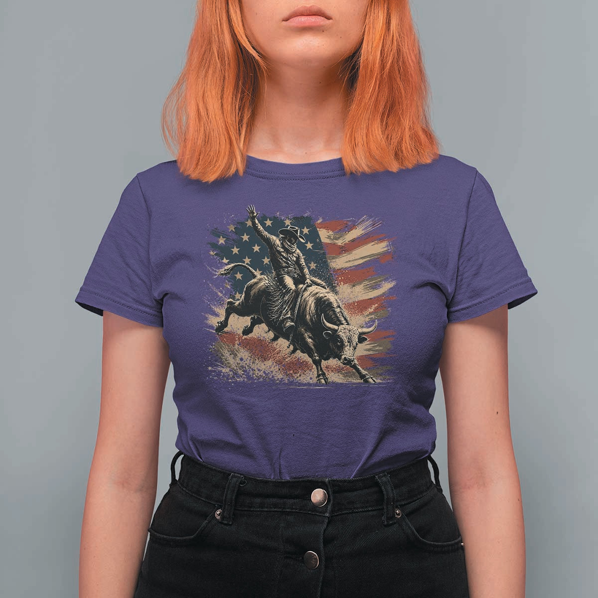Patiotic Bull Rider Vintage Bull Riding Cowboy American Flag T Shirt For Women