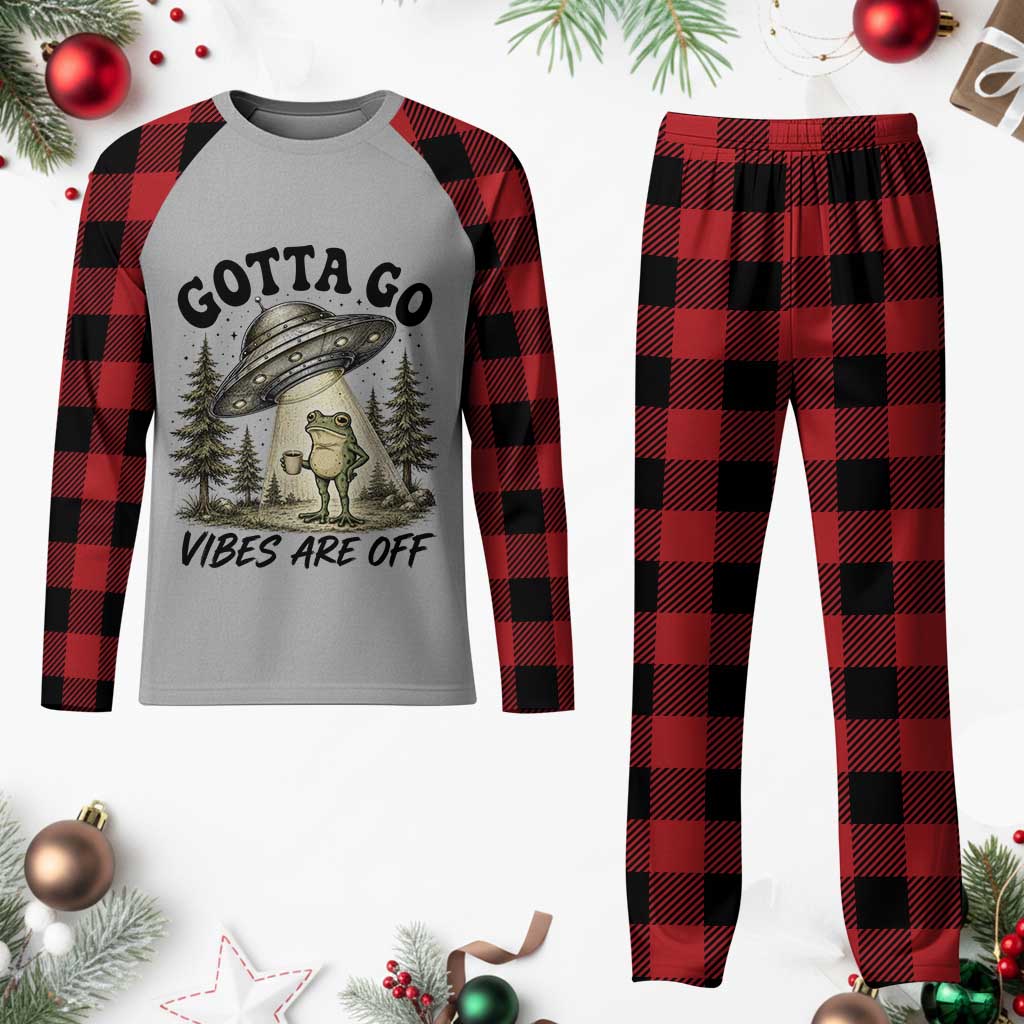 Funny Frog Alien Abduction Plaid Pajama Set Gotta Go Vibes Are Off UFO Forest