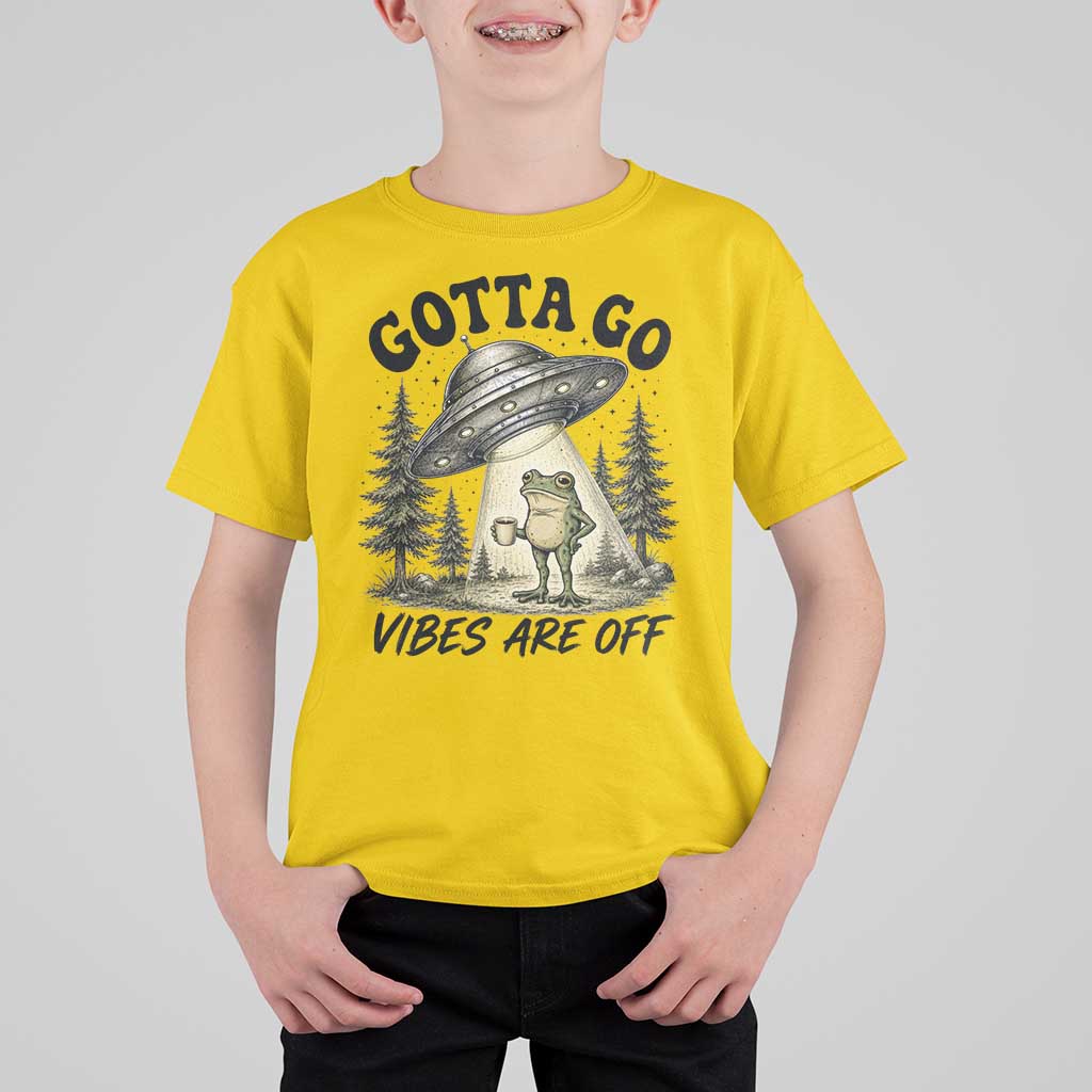 Funny Frog Alien Abduction T Shirt For Kid Gotta Go Vibes Are Off UFO Forest
