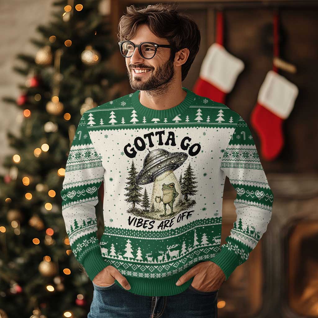 Funny Frog Alien Abduction Ugly Christmas Sweater Gotta Go Vibes Are Off UFO Forest
