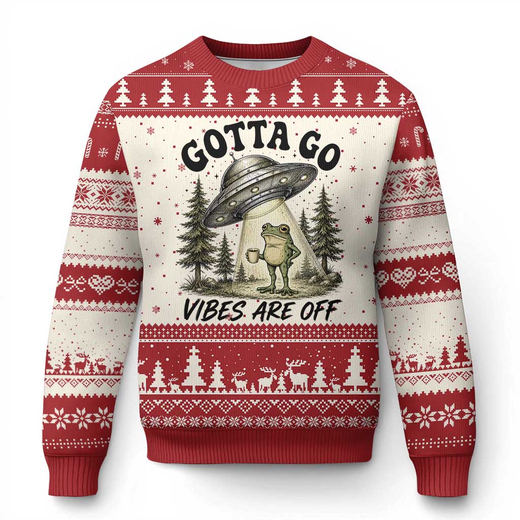 Funny Frog Alien Abduction Ugly Christmas Sweater Gotta Go Vibes Are Off UFO Forest