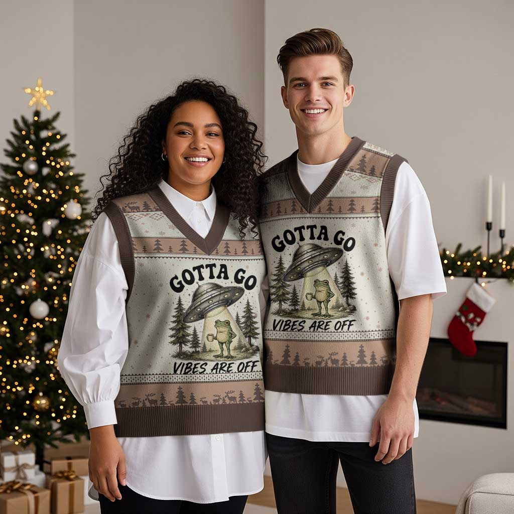 Funny Frog Alien Abduction V-Neck Knit Sweater Vest Gotta Go Vibes Are Off UFO Forest