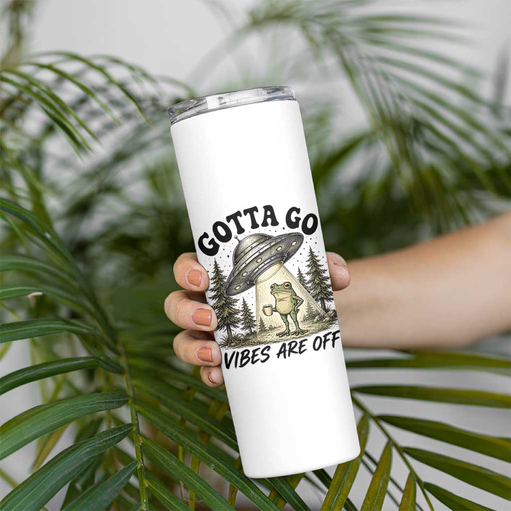 Funny Frog Alien Abduction Skinny Tumbler Gotta Go Vibes Are Off UFO Forest