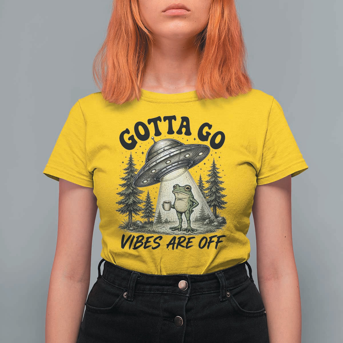 Funny Frog Alien Abduction T Shirt For Women Gotta Go Vibes Are Off UFO Forest
