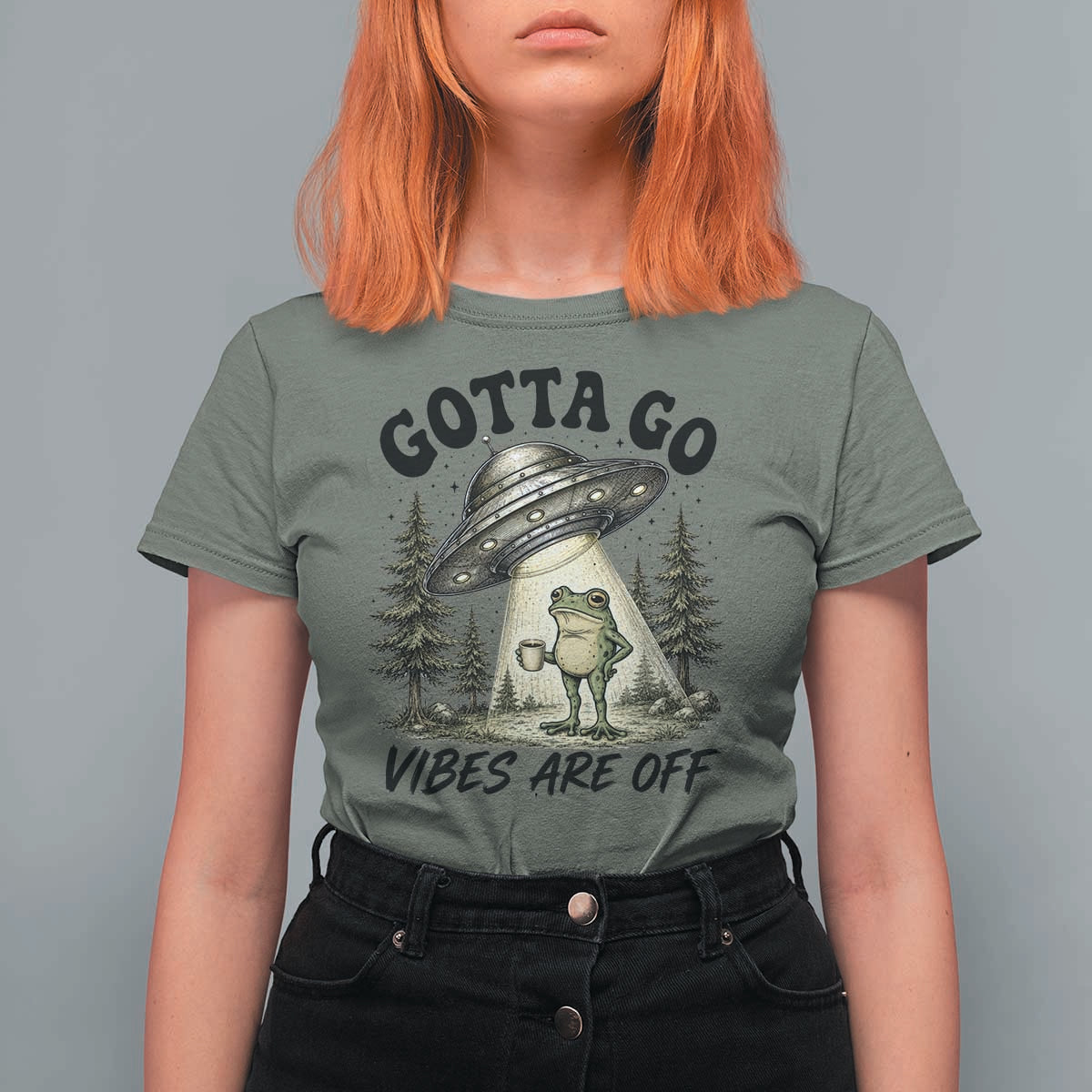 Funny Frog Alien Abduction T Shirt For Women Gotta Go Vibes Are Off UFO Forest