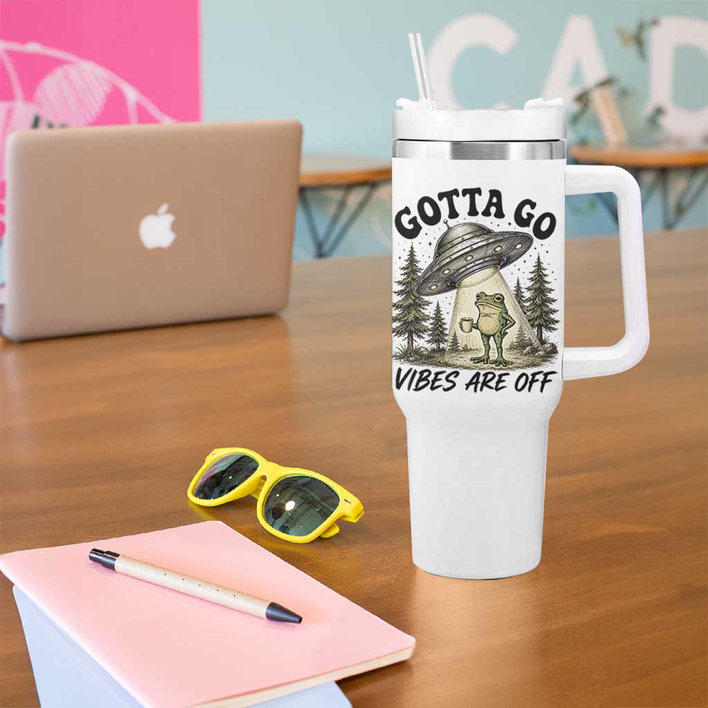 Funny Frog Alien Abduction Tumbler With Handle Gotta Go Vibes Are Off UFO Forest