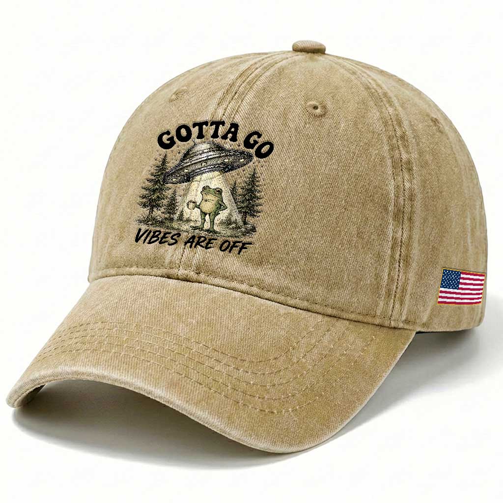 Funny Frog Alien Abduction Washed Cotton Baseball Cap Gotta Go Vibes Are Off UFO Forest