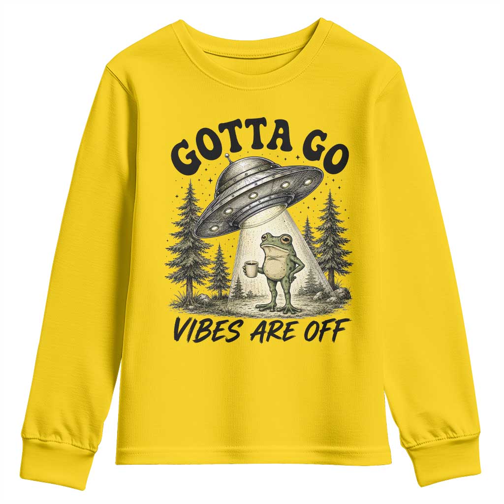 Funny Frog Alien Abduction Youth Sweatshirt Gotta Go Vibes Are Off UFO Forest