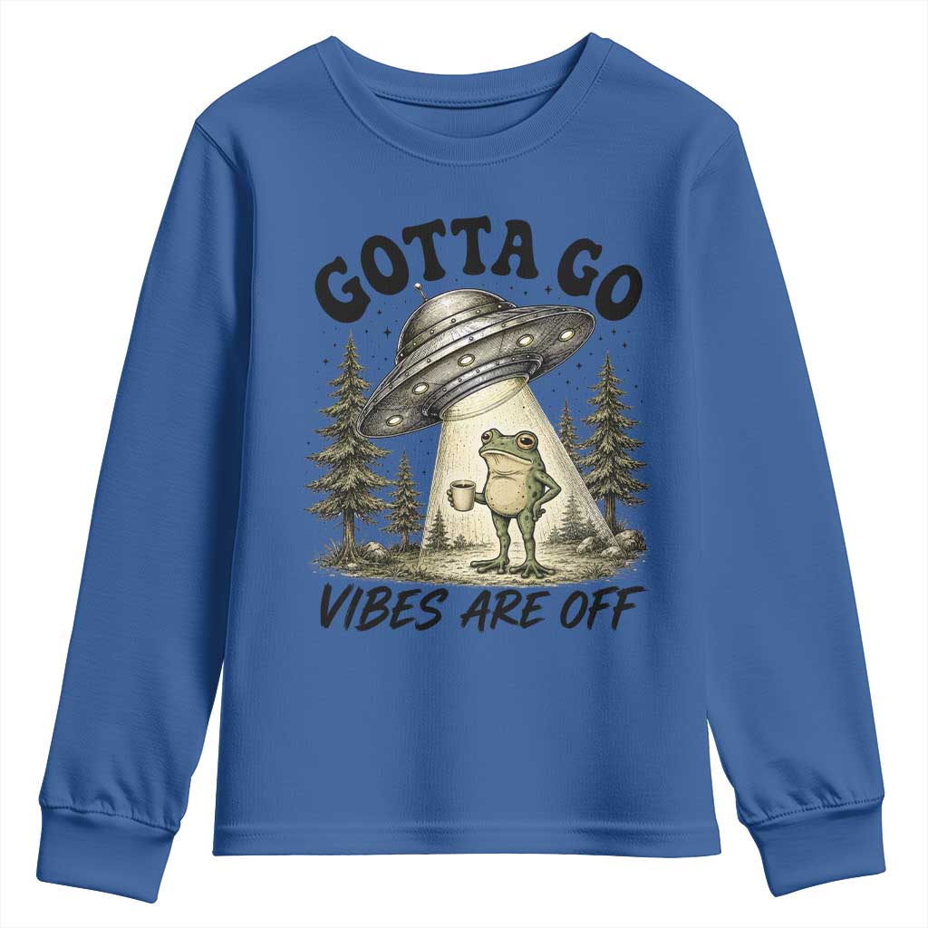 Funny Frog Alien Abduction Youth Sweatshirt Gotta Go Vibes Are Off UFO Forest