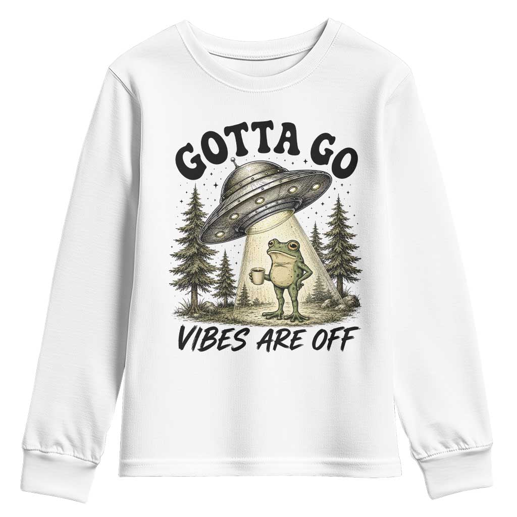 Funny Frog Alien Abduction Youth Sweatshirt Gotta Go Vibes Are Off UFO Forest