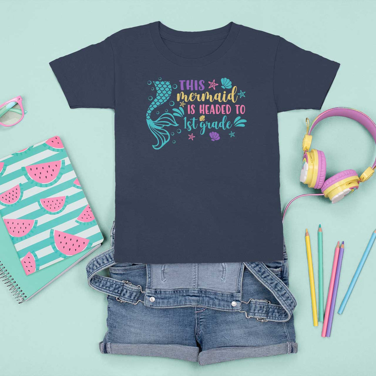 Funny Back To School T Shirt For Kid This Mermaid Is Headed To 1st Grade Bubbles Starfish Seashell - Wonder Print Shop