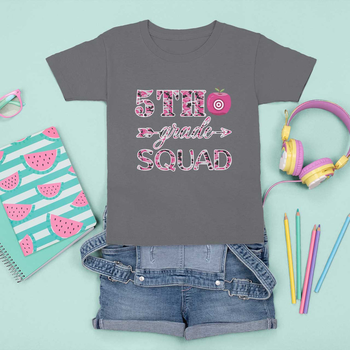 Funny Back To School Hunting T Shirt For Kid 5TH Grade Squad Pink Camo Flag Apple Arrow - Wonder Print Shop