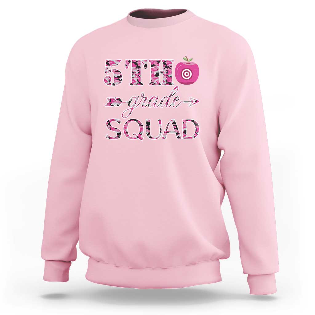 Funny Back To School Hunting Sweatshirt 5TH Grade Squad Pink Camo Flag Apple Arrow - Wonder Print Shop