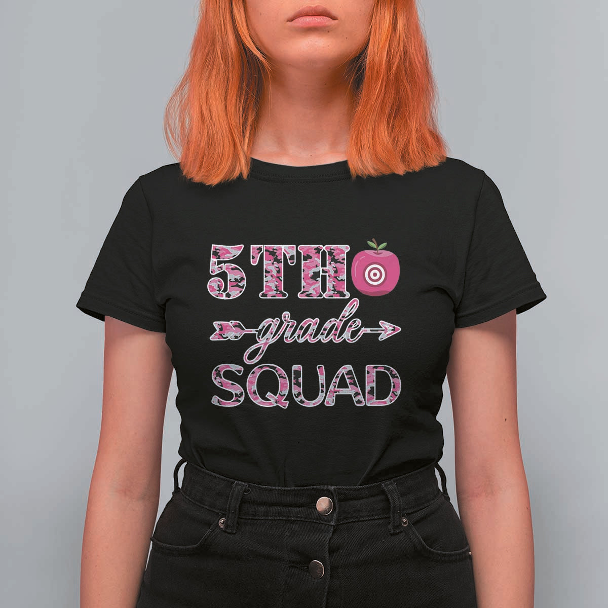 Funny Back To School Hunting T Shirt For Women 5TH Grade Squad Pink Camo Flag Apple Arrow - Wonder Print Shop